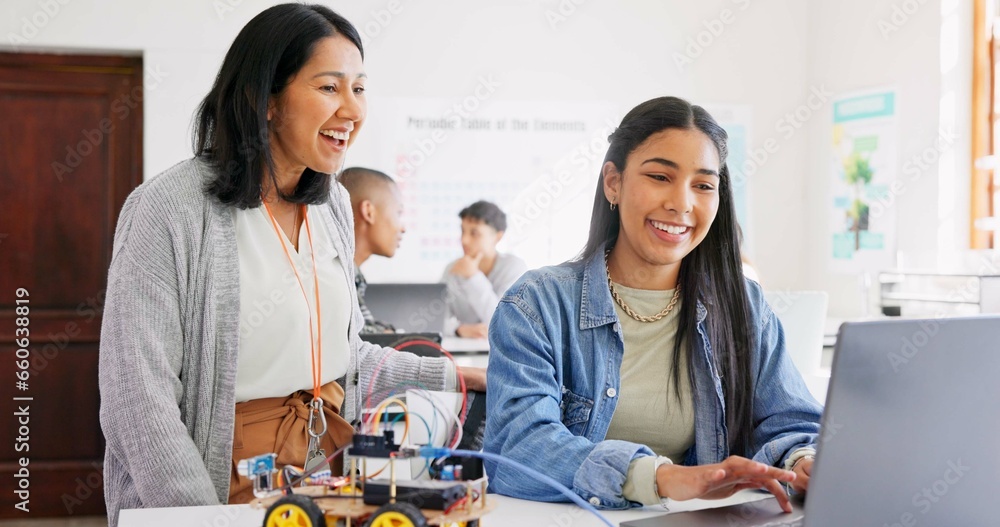 Poster Technology, car robotics and student on laptop, teacher and help with project in classroom, education or learning with electronics. Innovation, school kid and science class for transport knowledge
