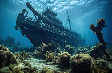 Fototapeta na wymiar ancient ship at the bottom of the sea, generative ai 