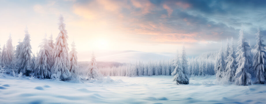 Winter landscape panorama at sunset