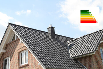 Energy label on a house in the background