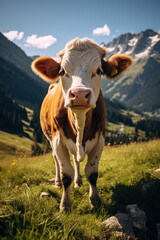Fototapeta na wymiar cow standing in a grassy area that is surrounded by mountains, generative ai 