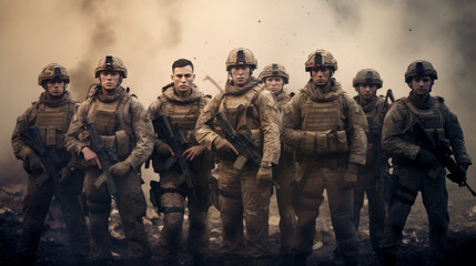 Group of young soldiers in military uniform standing in a forest.