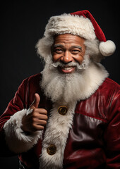 Happy afro american Santa Claus with thumb up on red  background, generative ai 