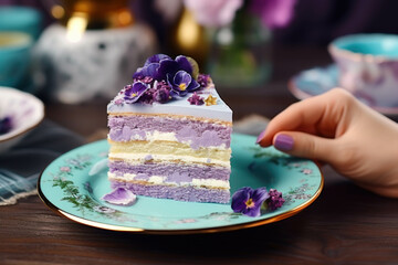 A piece of delicious cake with violet flowers on plate, closeup
