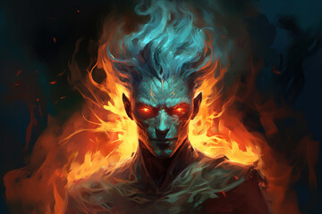 painting of a man with flames on his head, dark fantasy character, generative ai 