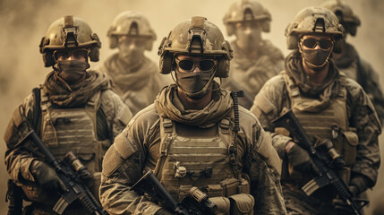 Fototapeta premium Group of young soldiers in military uniform standing in a forest.