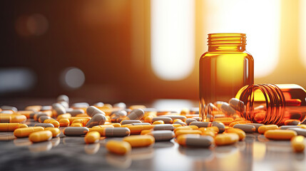Prescription Opioids on Mirror Table. Concept of Addiction and Overdose