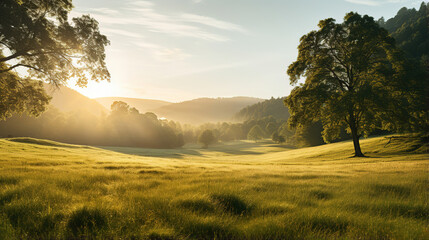 tranquil countryside landscape at sunrise, generative ai 