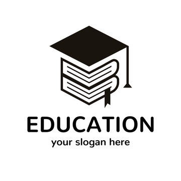 Vector education logo black color style isolated on background with academic cap for online school symbol, internet e learning center and graduation concept, distant online courses and training icon