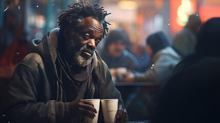 African American homeless man sitting at a table in a cafe and drinking tea. - obrazy, fototapety, plakaty