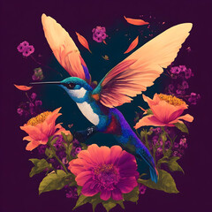 A curious mechanical hummingbird, hovering mid-air and sipping binary nectar from pixelated flowers