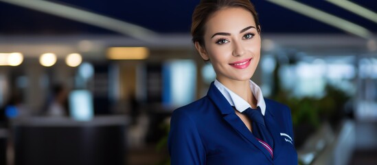 smiling flight attendant in uniform looking at the camera - obrazy, fototapety, plakaty