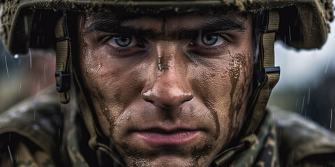Fototapeta premium Portrait of a European army soldier in the ranks with selective focus, human enhanced. generative ai