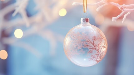 Christmas ornament with xmas tree inside on pastel background with bokeh lights