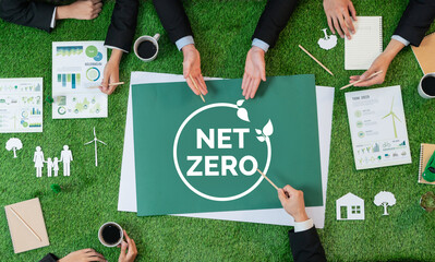 Top view panorama banner group of business people planning for alternative net zero energy...
