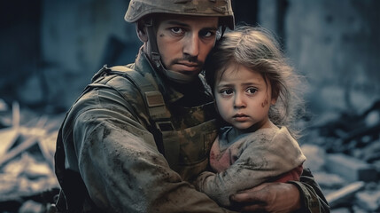 Fototapeta premium Soldier comforts sad child refugee amid war's destruction. generative ai