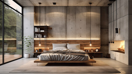 Industrial-Style Bedroom Interior Concrete Walls, Metal Bed Frame, Warm Wood Tones & Geometric Rug
