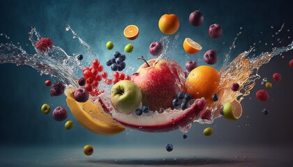 Colorful mixed fruits falling in water with a splash