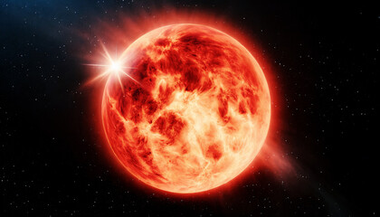 immagine ravvicinata di una stella rossa sullo sfondo di un cosmo scuro e stellato - obrazy, fototapety, plakaty