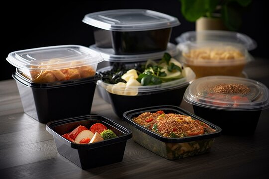 An image featuring a variety of food packed in takeaway plastic containers. Generative AI