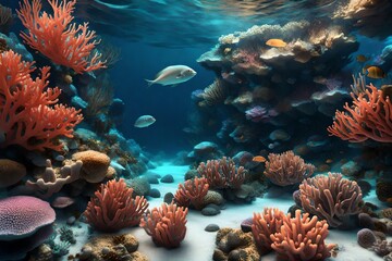 Fototapeta na wymiar 3D rendering of a serene and vibrant coral reef, perfect for creating a beautiful undrew
