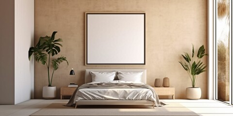 Minimalist Beige Bed Room Interior Design with Blank White Picture Frame Mockup