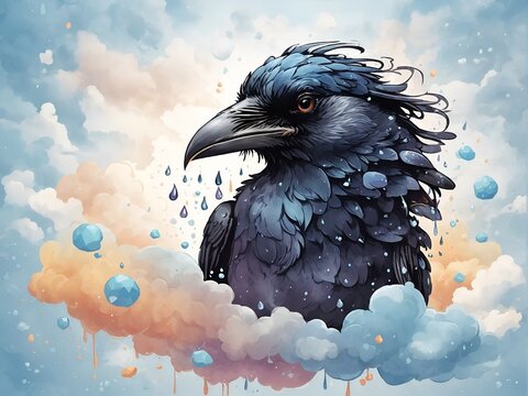 Painted Black raven on the sky, Ai generated