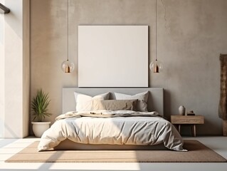 Fototapeta na wymiar Minimalist Beige Bed Room Interior Design with Blank White Picture Frame Mockup