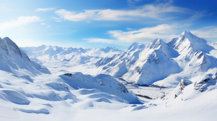 Snow-Blanketed Mountain Majesty: Winter's Serene Beauty in Alpine Wilderness. Generative AI