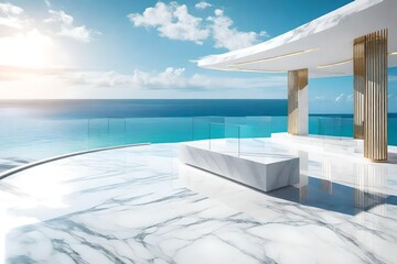 3D rendering of a sleek white marble podium set against a stunning ocean sky background, exuding an elegant and grandiose ambiance.