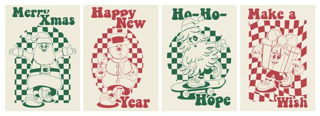 Greeting posters in retro cartoon style Merry Christmas. Santa, Snowman, Christmas tree, Gift in modern vector design.