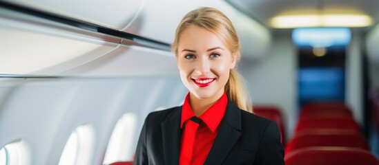 smiling flight attendant in uniform looking at camera inside plane - obrazy, fototapety, plakaty