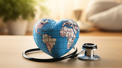 A medical heart symbol embracing the world globe, highlighting the love and care inherent in healthcare