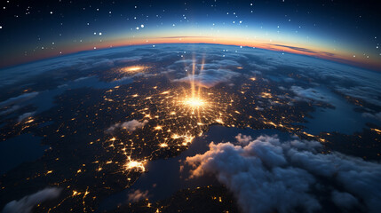 An image of the Earth at night, bathed in the gentle glow of medical crosses, representing 24/7 healthcare access