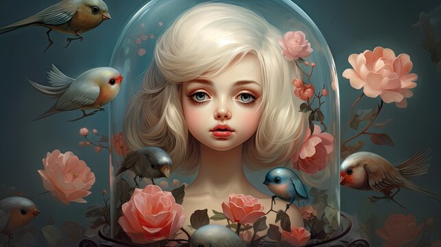  a painting of a girl surrounded by birds and roses in a glass dome.  generative ai