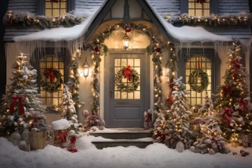 Traditional houses decorated with christmas garlands and lights - obrazy, fototapety, plakaty