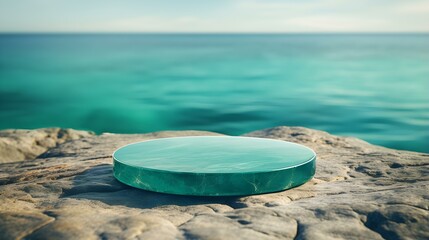Fototapeta na wymiar Round Stone Podium in emerald Colors in front of a blurred Seascape. Luxury Backdrop for Product Presentation
