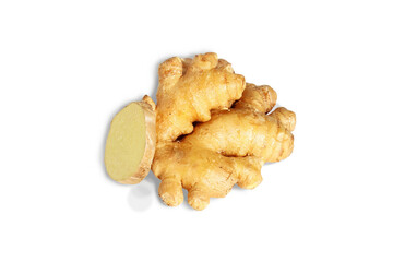 close up Fresh raw ginger root or rhizome with slice isolated cut out on transparent background,PNG format