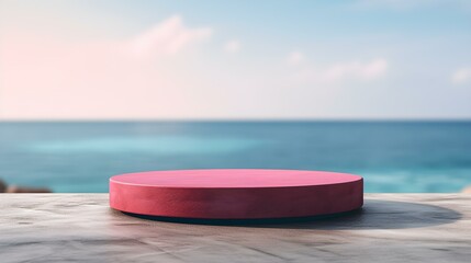 Fototapeta na wymiar Round Stone Podium in fuchsia Colors in front of a blurred Seascape. Luxury Backdrop for Product Presentation