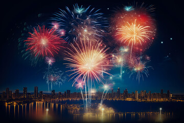 Fototapeta na wymiar Fireworks in the city, generative ai 