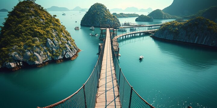Fototapeta Suspension Bridge Between Islands with Ocean View