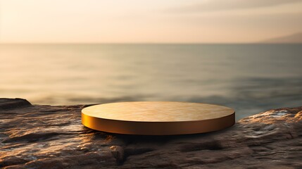 Round Stone Podium in gold Colors in front of a blurred Seascape. Luxury Backdrop for Product...