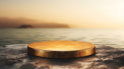 Obraz premium Round Stone Podium in gold Colors in front of a blurred Seascape. Luxury Backdrop for Product Presentation