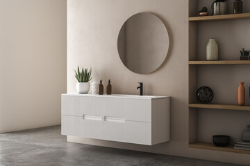 Modern bathroom interior with beige and white walls, shower area, basin with mirror, shelf and grey concrete floor.
