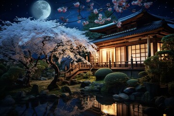 Fototapeta premium Traditional Japanese house among sakura trees illuminated by moonlight. Generative AI