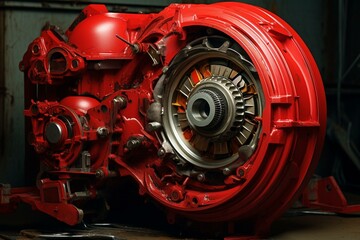 A taken-apart vehicle torque converter amidst red fluid leakage. Generative AI