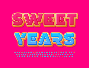 Vector funny poster Sweet Years. Cute tasty Font. Blue glazed cake set of Alphabet Letters, Numbers and Symbols