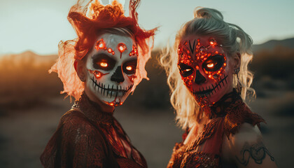 Female sugar skulls and flames in the desert  - Day of the Dead (D&iacute;a de Muertos)