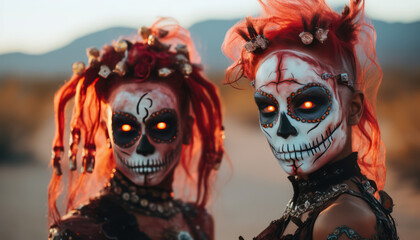Female sugar skulls and flames in the desert  - Day of the Dead (D&iacute;a de Muertos)