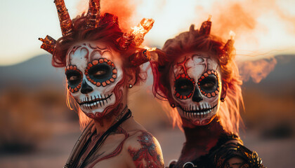 Female sugar skulls and flames in the desert  - Day of the Dead (D&iacute;a de Muertos)